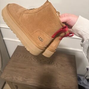 UGG Chestnut Suede Boots with Red Accents